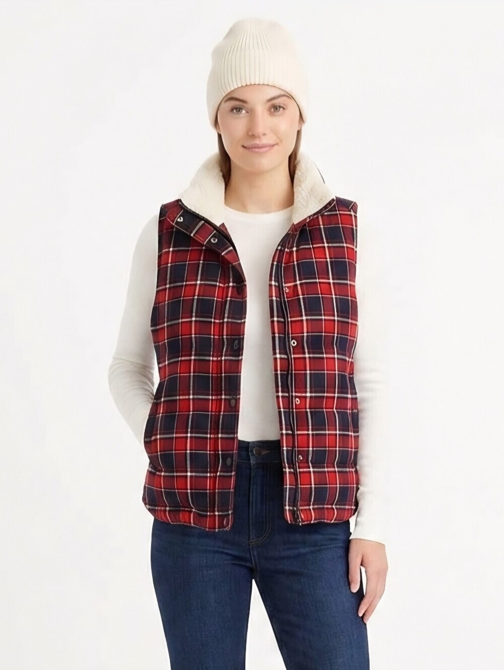 Altar'd State Red Plaid Quilted Fleece Lined Vest Small, zipper and buttons. - Picture 1 of 10